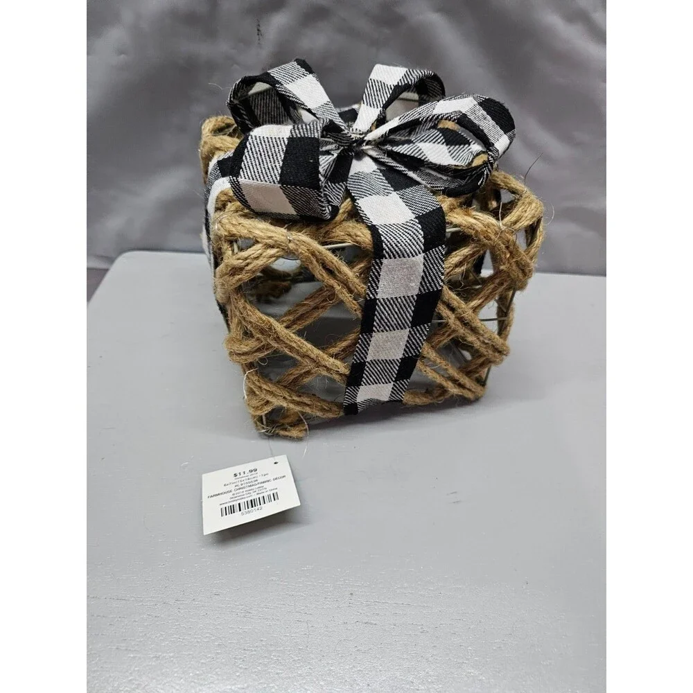 Farmhouse Christmas Present Box Decor Jute Rope Buffalo Check Bow 6